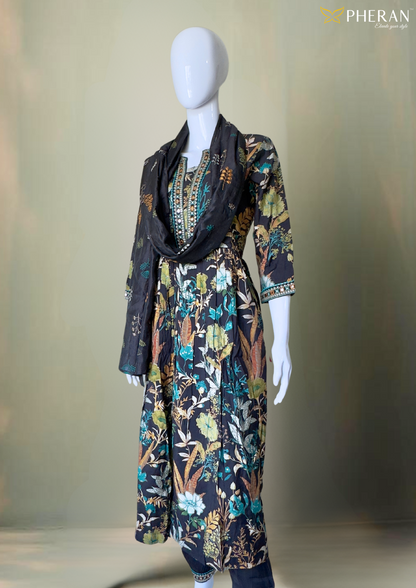 Pheran Black Floral Women's  Anarkali Kurta Set with Dupatta (M4-1973-BL-AK)