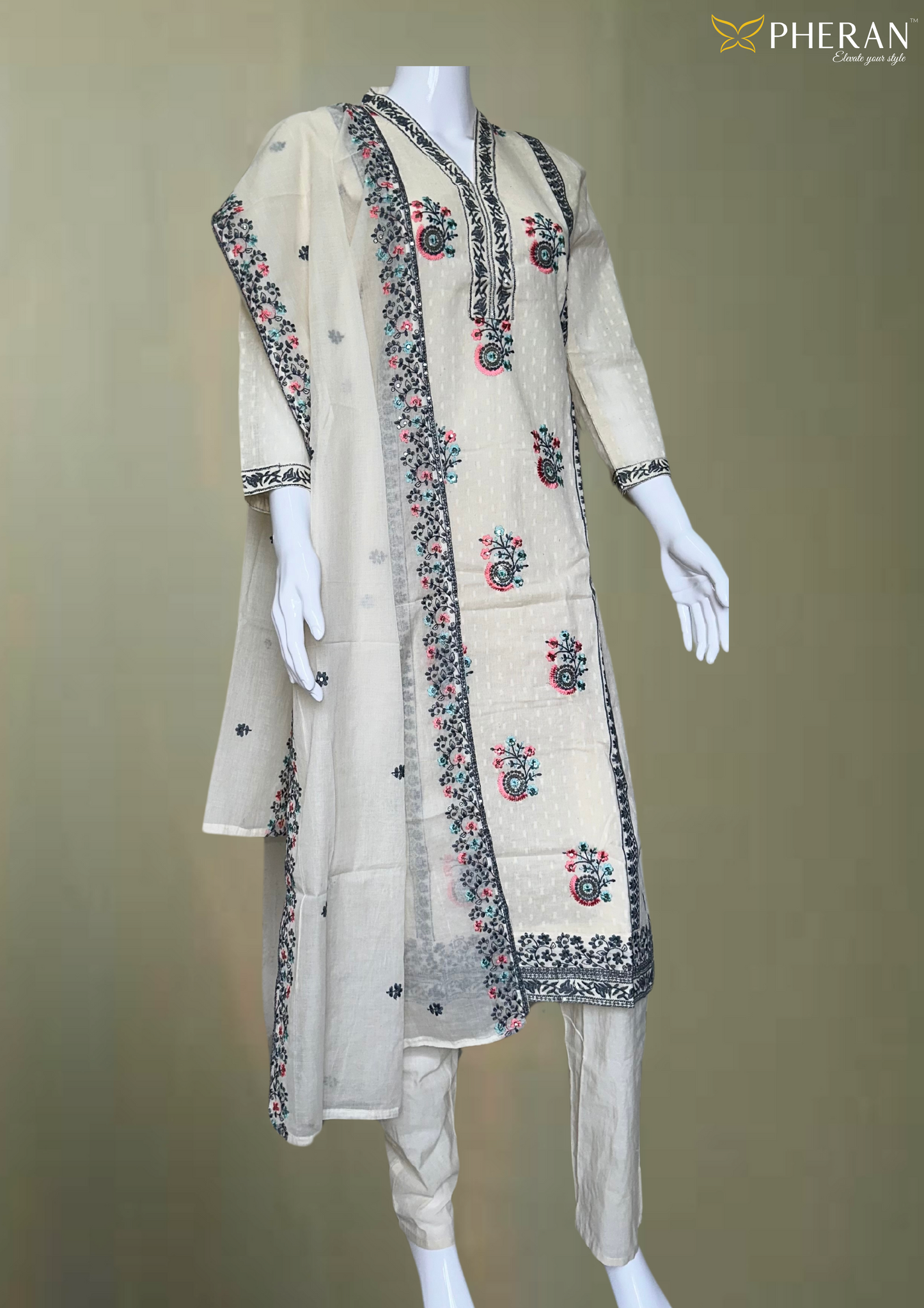 Pheran Ivory Cotton Floral Embroidered Kurta Set with Dupatta (BO-KR-CR)