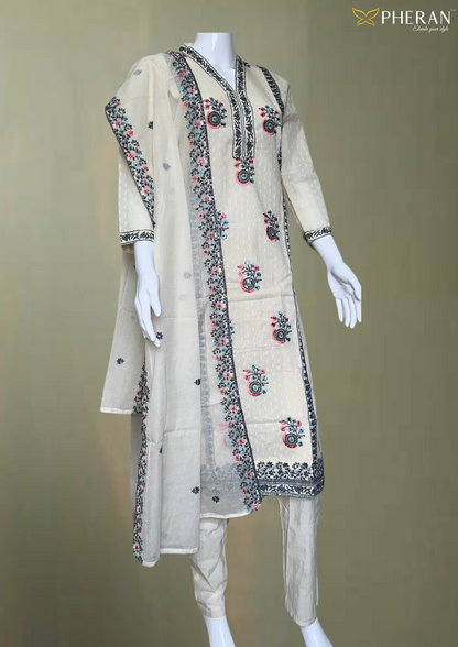 Pheran Ivory Cotton Floral Embroidered Kurta Set with Dupatta (BO-KR-CR)