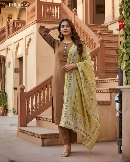 Pheran Women's Brown and Sunshine Print Modal Suit Set  AM85