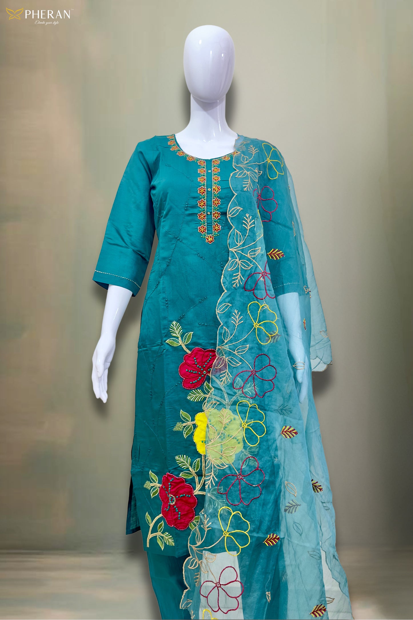 Pheran Teal Floral Embroidered Kurta Set with Organza Dupatta (A2-8TE-95S)