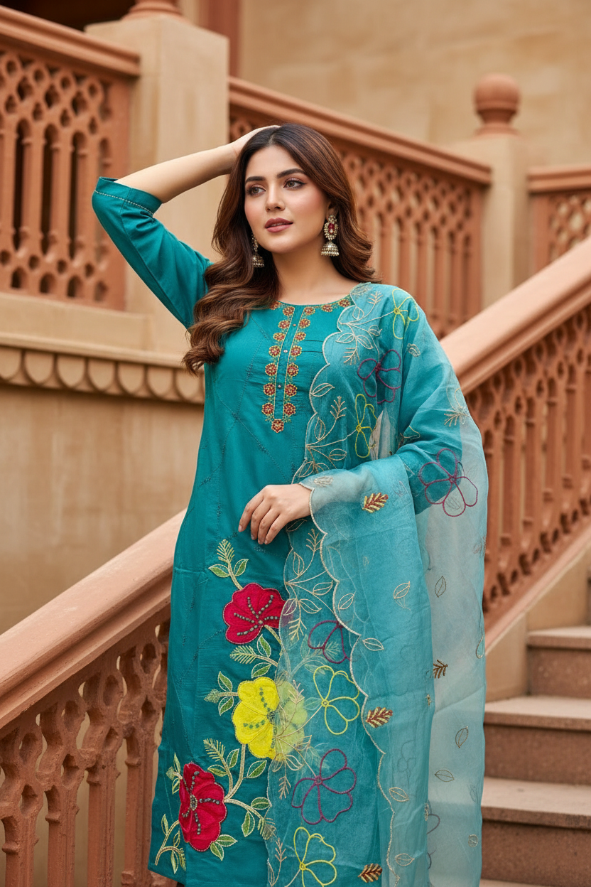Pheran Teal Floral Embroidered Kurta Set with Organza Dupatta (A2-8TE-95S)