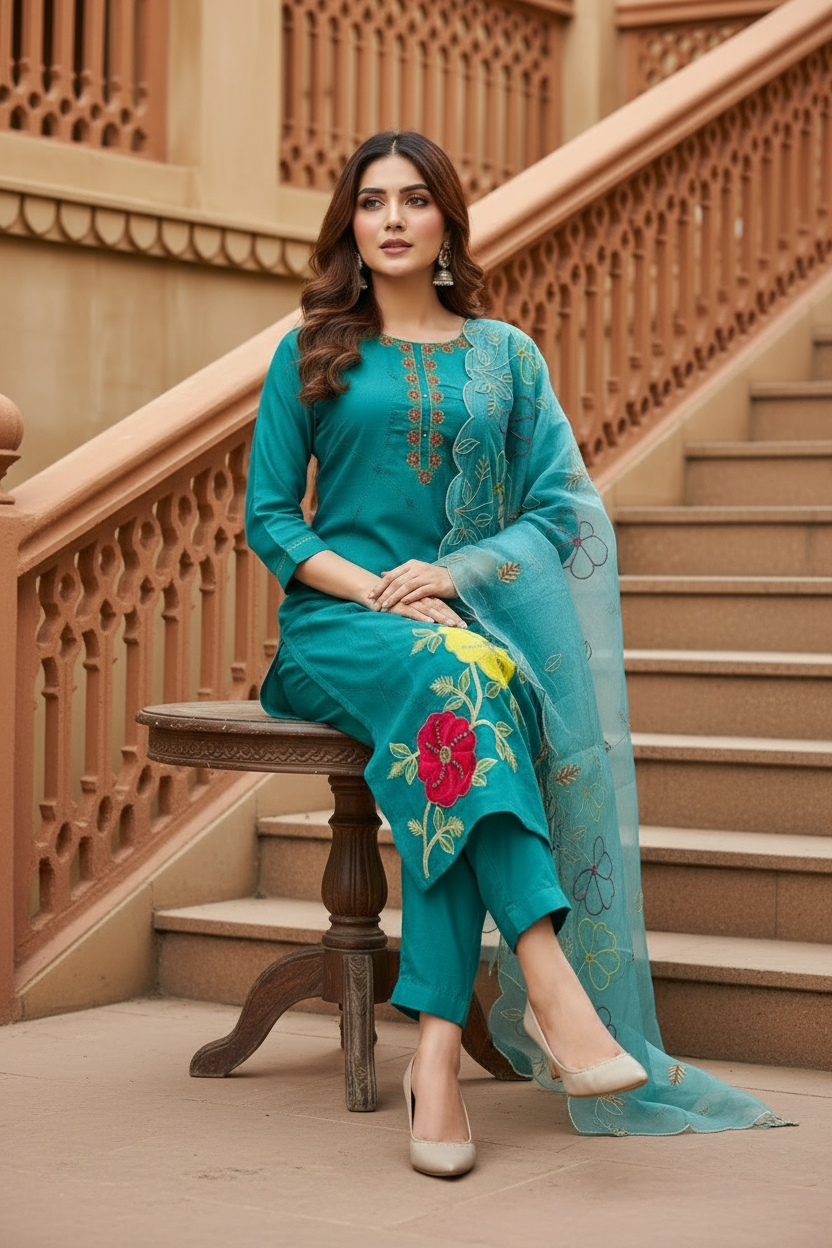 Pheran Teal Floral Embroidered Kurta Set with Organza Dupatta (A2-8TE-95S)