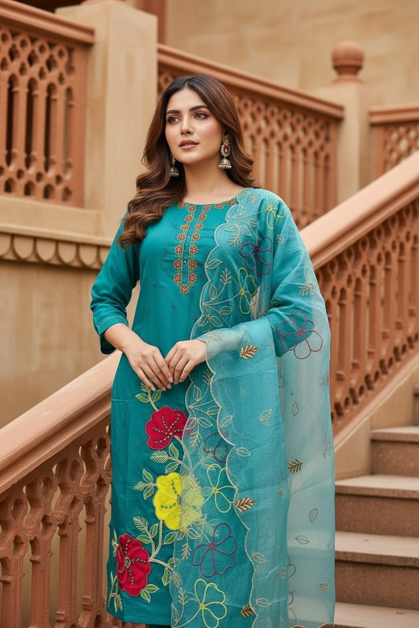 Pheran Teal Floral Embroidered Kurta Set with Organza Dupatta (A2-8TE-95S)