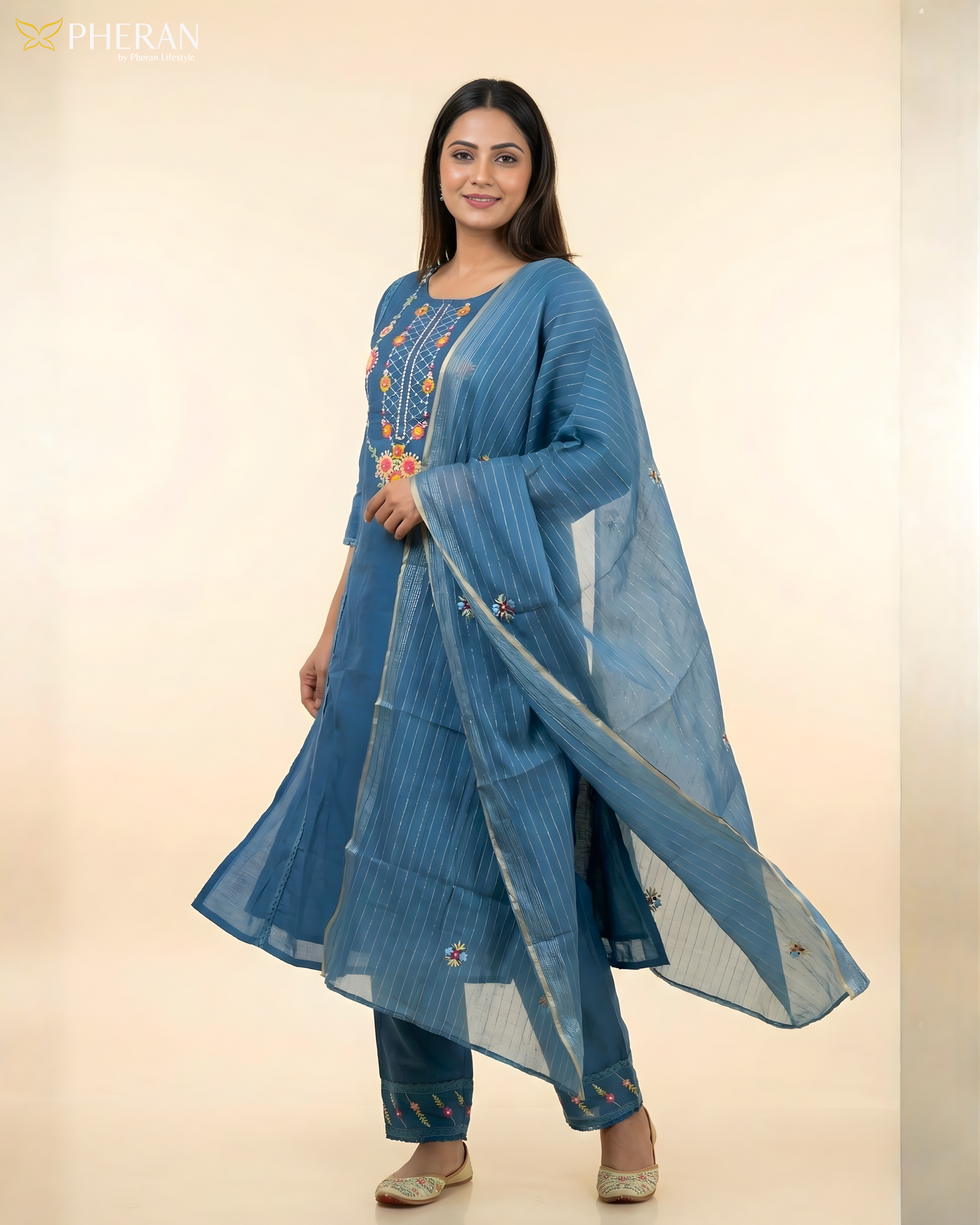 Pheran Deep Blue Embroidered Kurta Set with Dupatta (SV-KL76-BU)