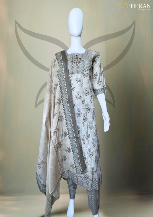 Pheran Ivory and Grey Floral Embroidered Kurta Set with Dupatta(M4-1600-IG-SU)