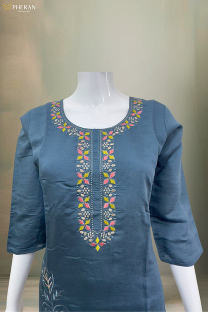 Pheran Slate Grey Embroidered Kurta Set with Organza Dupatta (A2-8GR-95S)