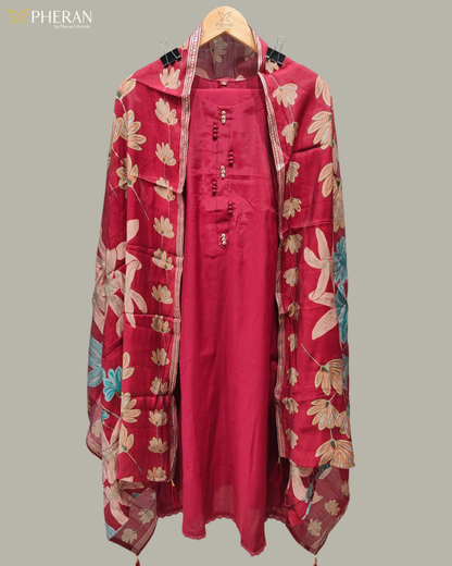 Pheran Women's Ruby Red Modal Suit Set with Floral Print Dupatta  AM75