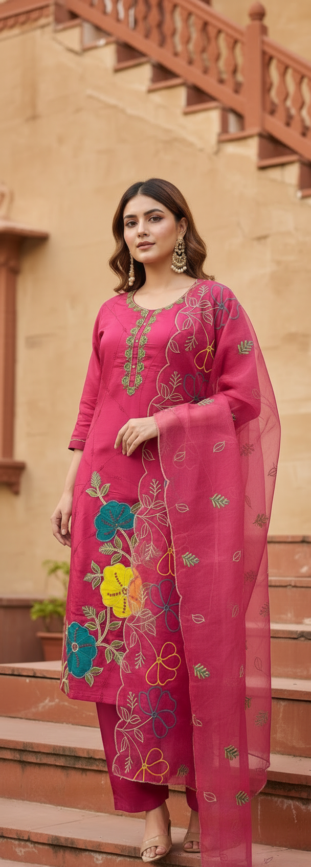 Pheran Pink Floral Embroidered Kurta Set with Organza Dupatta (A2-8PK-95S)