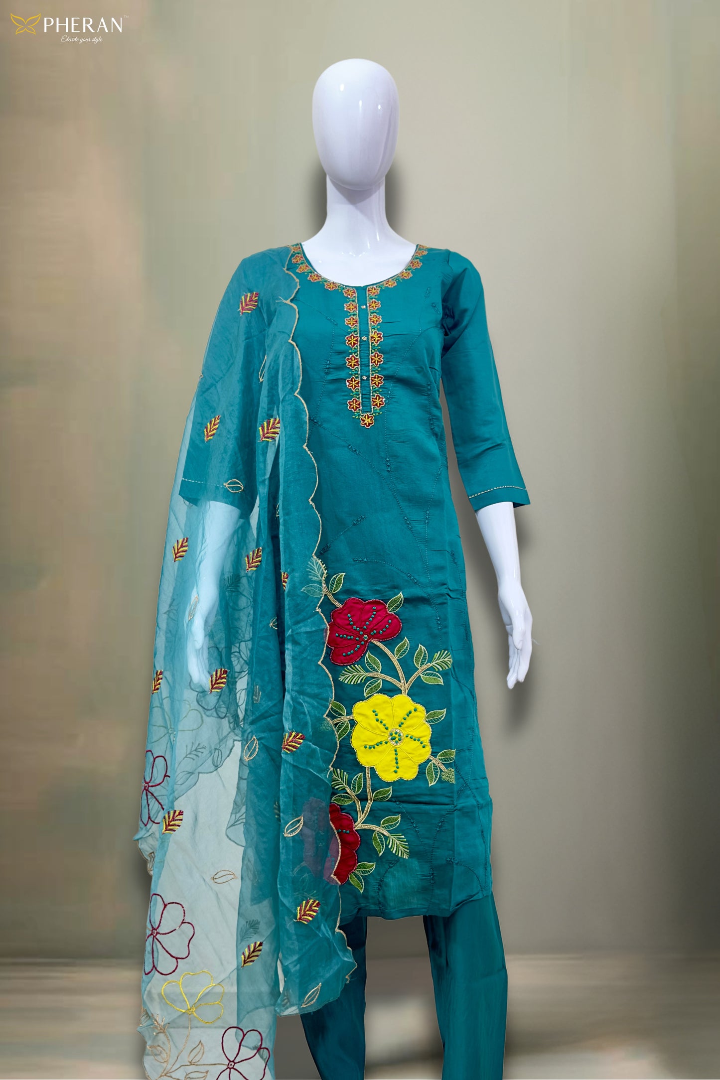 Pheran Teal Floral Embroidered Kurta Set with Organza Dupatta (A2-8TE-95S)