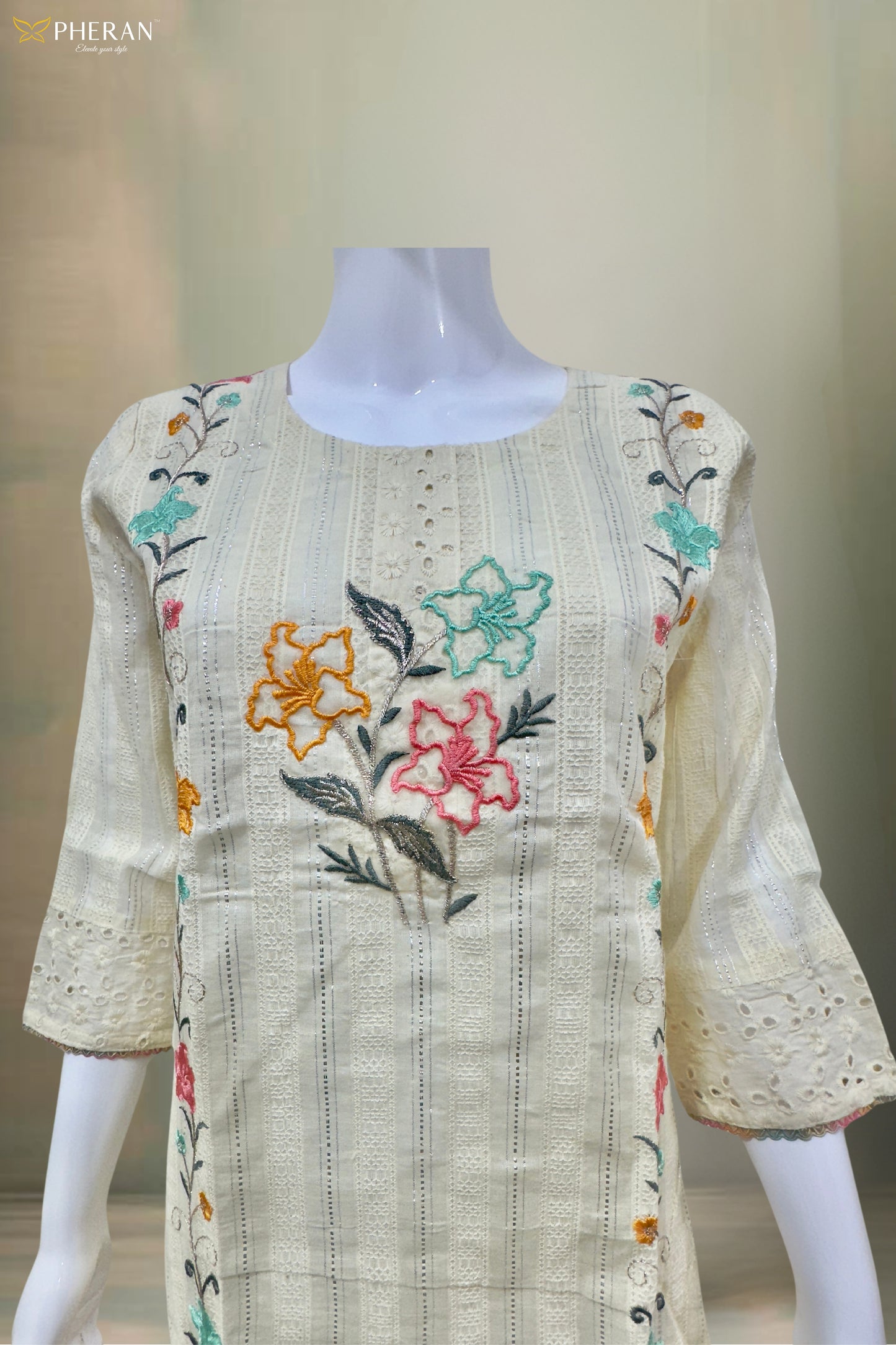 Pheran Women’s Ivory Floral Embroidered Kurta Set with Dupatta