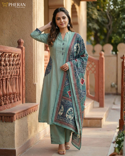 Pheran Women's Sage Green A-Line Suit with Printed Dupatta AM80