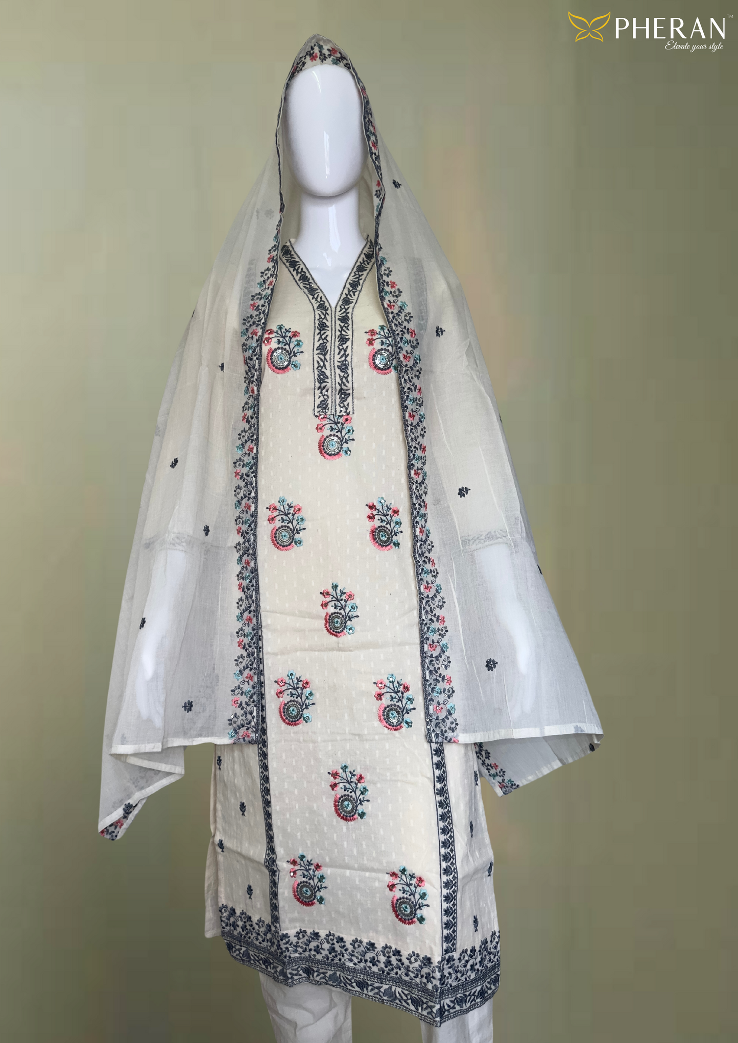 Pheran Ivory Cotton Floral Embroidered Kurta Set with Dupatta (BO-KR-CR)