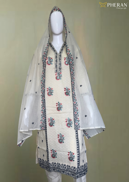 Pheran Ivory Cotton Floral Embroidered Kurta Set with Dupatta (BO-KR-CR)