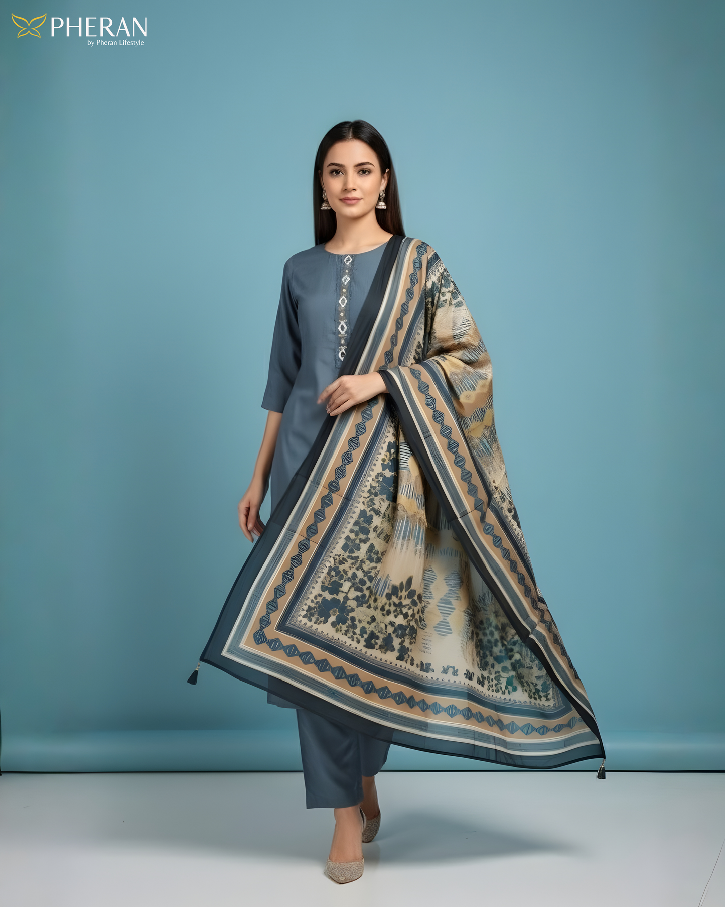 Pheran Women's Teal Blue and Ochre Print Modal Suit Set AM86