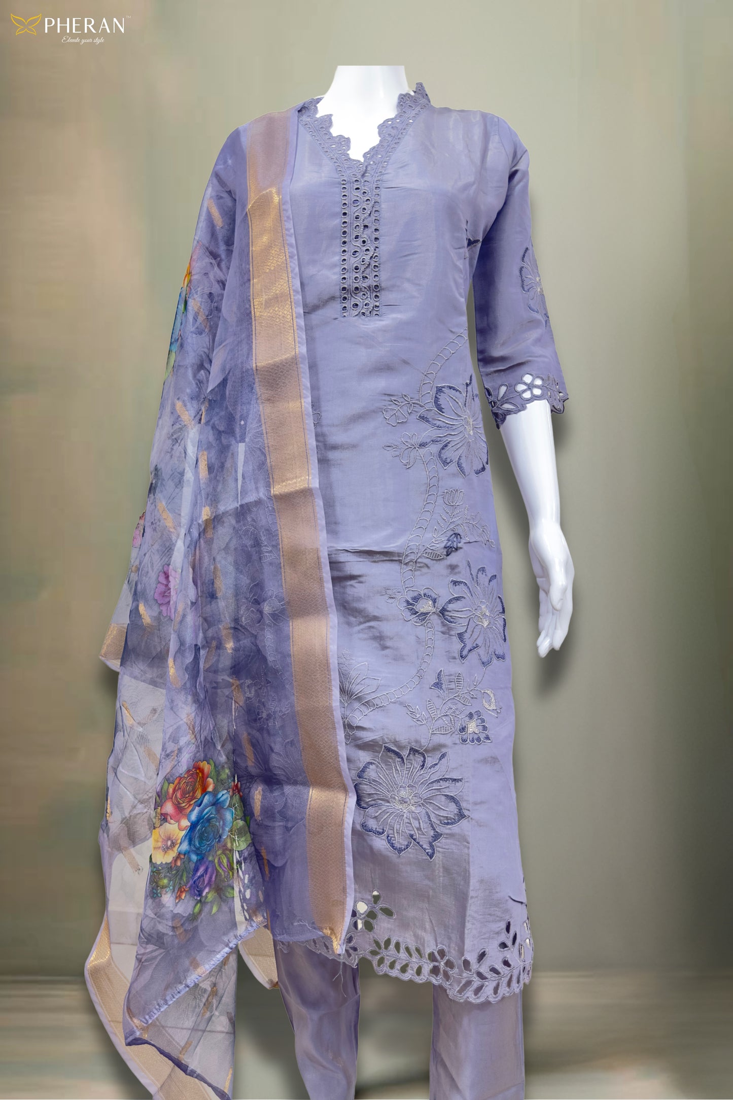 Pheran Women’s Lavender Cutwork Embroidered Kurta Set with Printed Dupatta (A2-2510-LV)