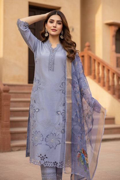 Pheran Women’s Lavender Cutwork Embroidered Kurta Set with Printed Dupatta (A2-2510-LV)