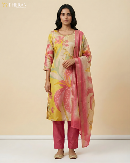 Pheran Multicolor Floral Silk Kurta Set with Dupatta (BO-3313-PK)