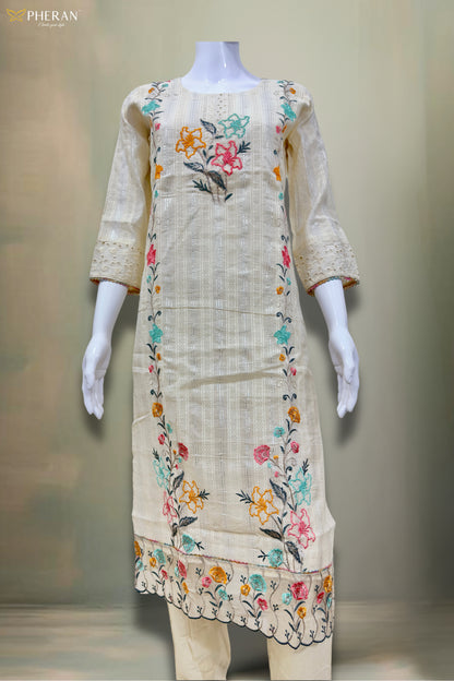 Pheran Women’s Ivory Floral Embroidered Kurta Set with Dupatta