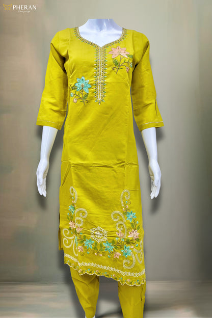Pheran Women’s Lime Green Floral Embroidered Kurta Set with Dupatta (A2-2510-LG)