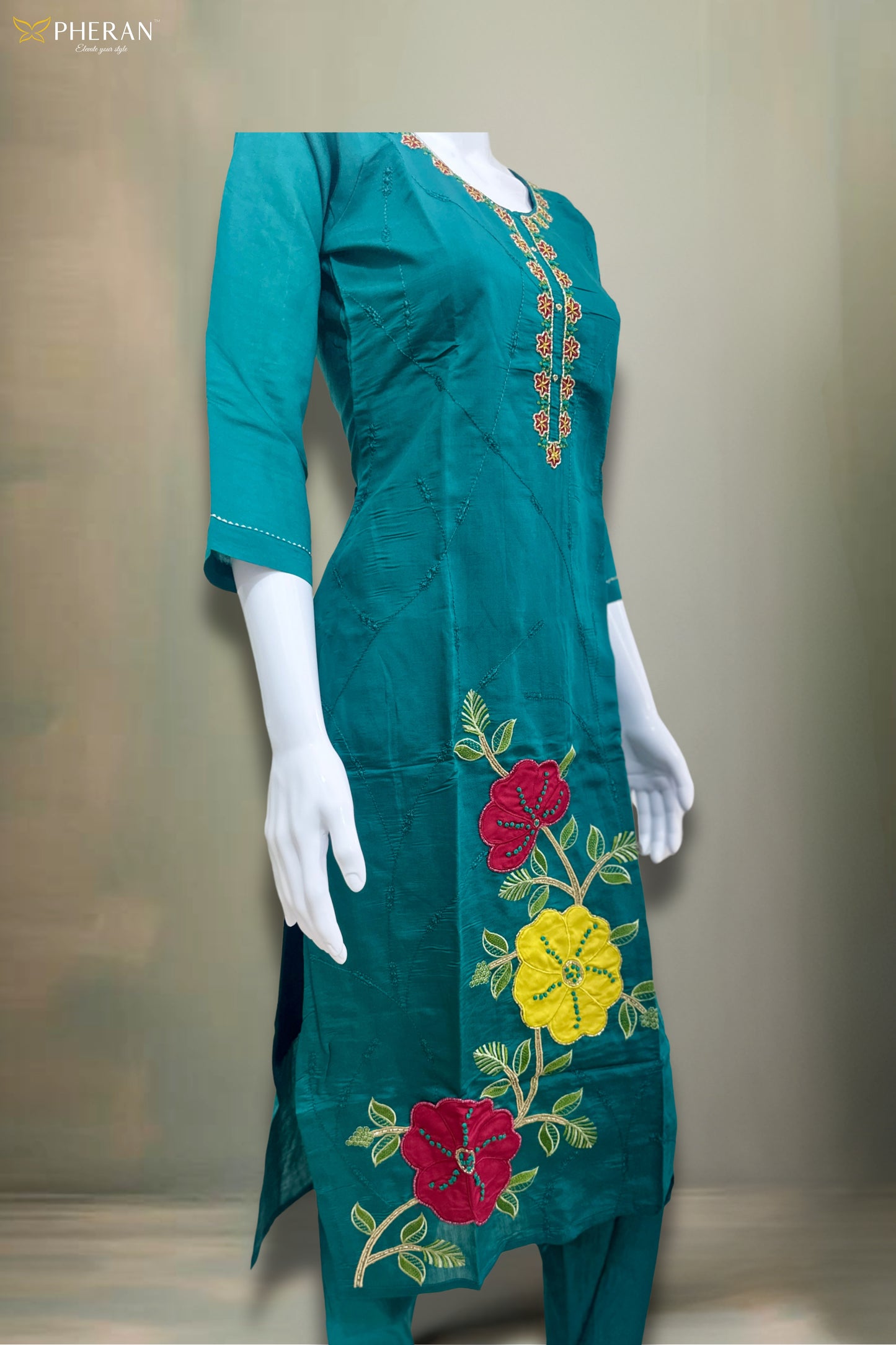 Pheran Teal Floral Embroidered Kurta Set with Organza Dupatta (A2-8TE-95S)