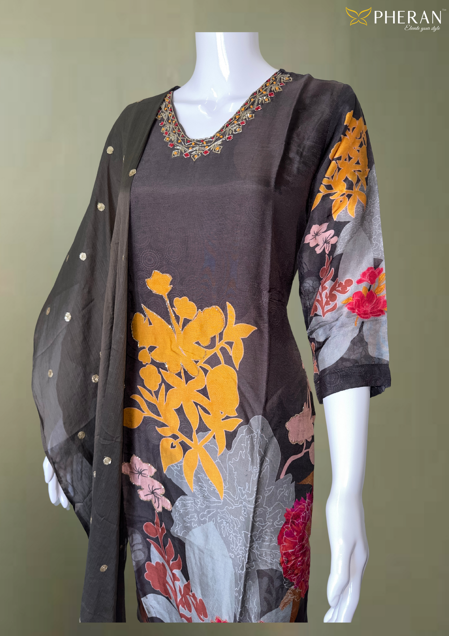 Pheran Black Floral Embroidered Silk Kurta Set with Dupatta (BO-FC-1034)