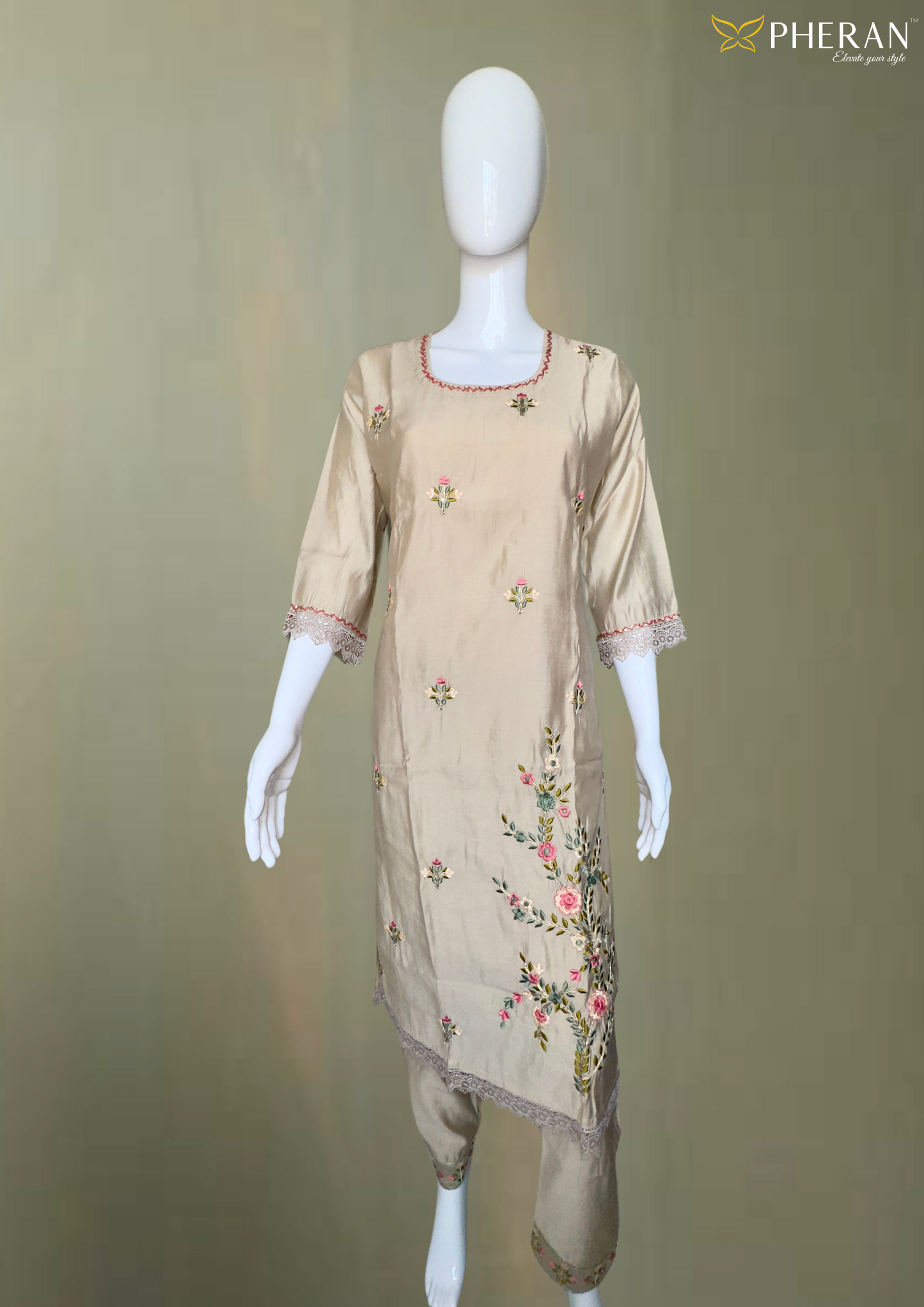 Pheran Beige Floral Embroidered Kurta Set with Light Pink Dupatta (A2-BEP-SU)