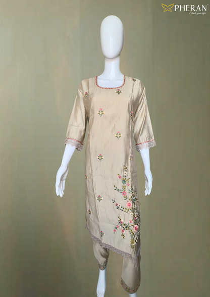 Pheran Beige Floral Embroidered Kurta Set with Light Pink Dupatta (A2-BEP-SU)
