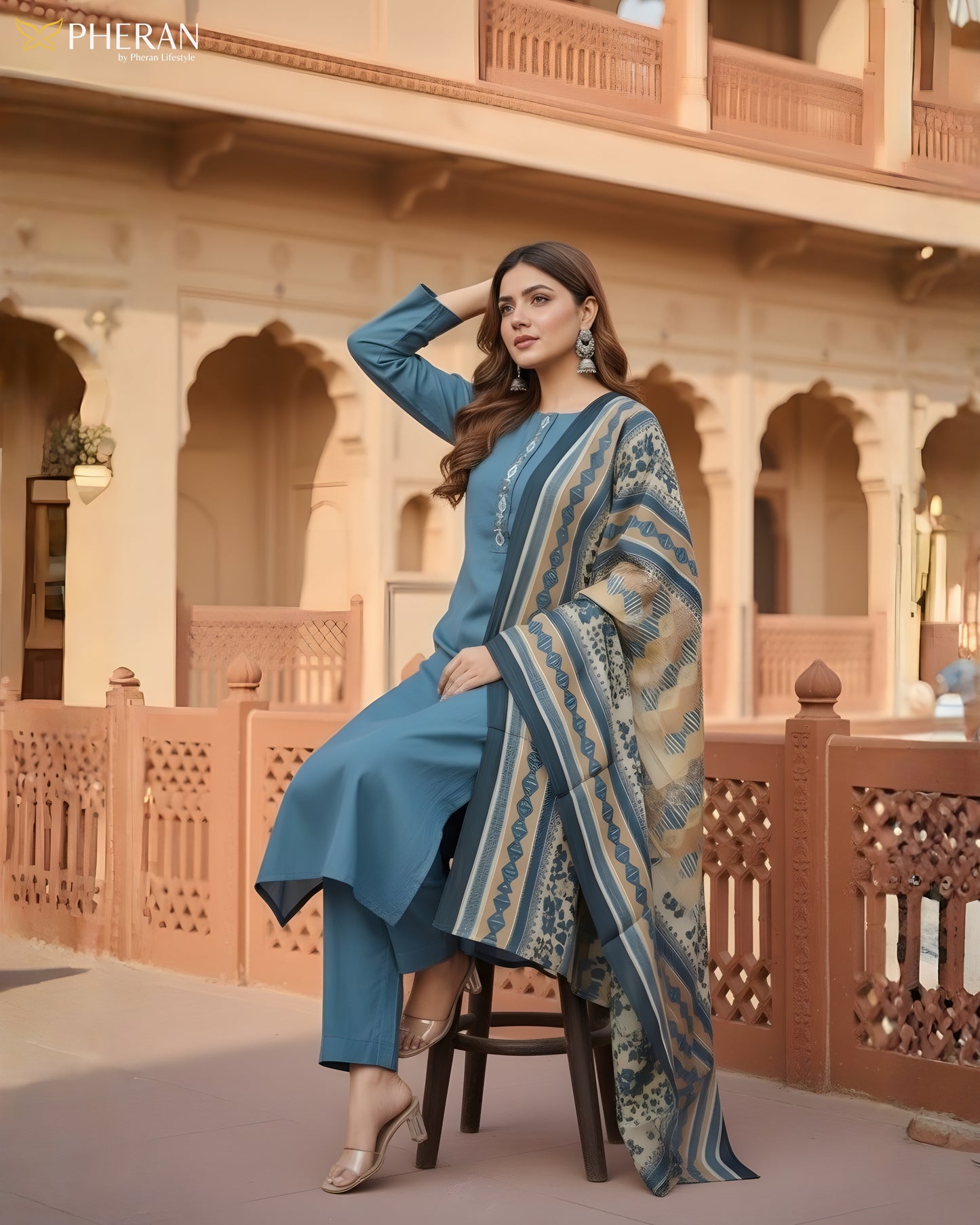 Pheran Women's Teal Blue and Ochre Print Modal Suit Set AM86