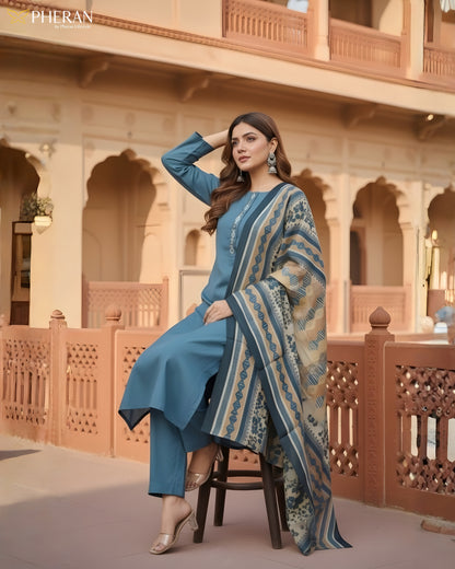 Pheran Women's Teal Blue and Ochre Print Modal Suit Set AM86