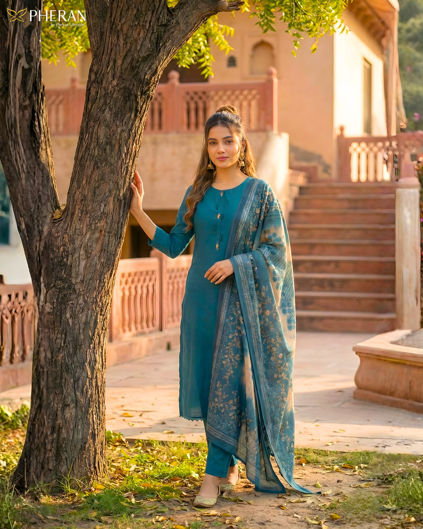 Pheran Women's Deep Teal Suit Set with Kalamkari-Inspired Print Dupatta AM77