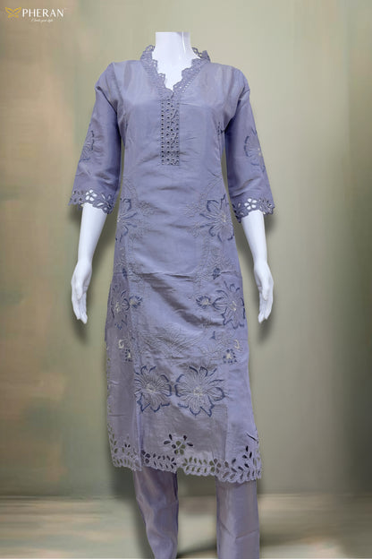 Pheran Women’s Lavender Cutwork Embroidered Kurta Set with Printed Dupatta (A2-2510-LV)