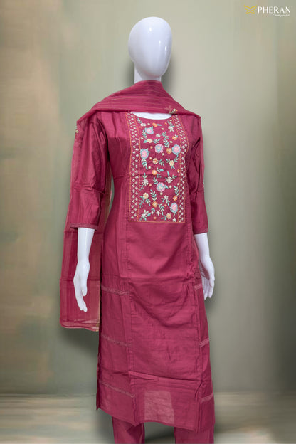 Pheran Deep Maroon Floral Embroidered Kurta Set with Dupatta (SV-KL72-MN)