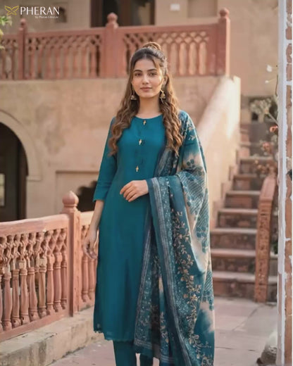 Pheran Women's Deep Teal Suit Set with Kalamkari-Inspired Print Dupatta AM77