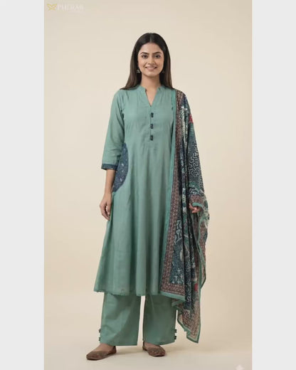 Pheran Women's Sage Green A-Line Suit with Printed Dupatta AM80