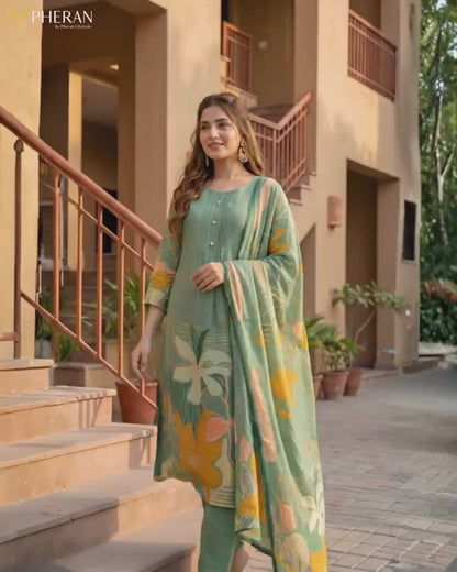 Pheran Women's Sage Green Premium Silk Cotton Suit Set  AM78